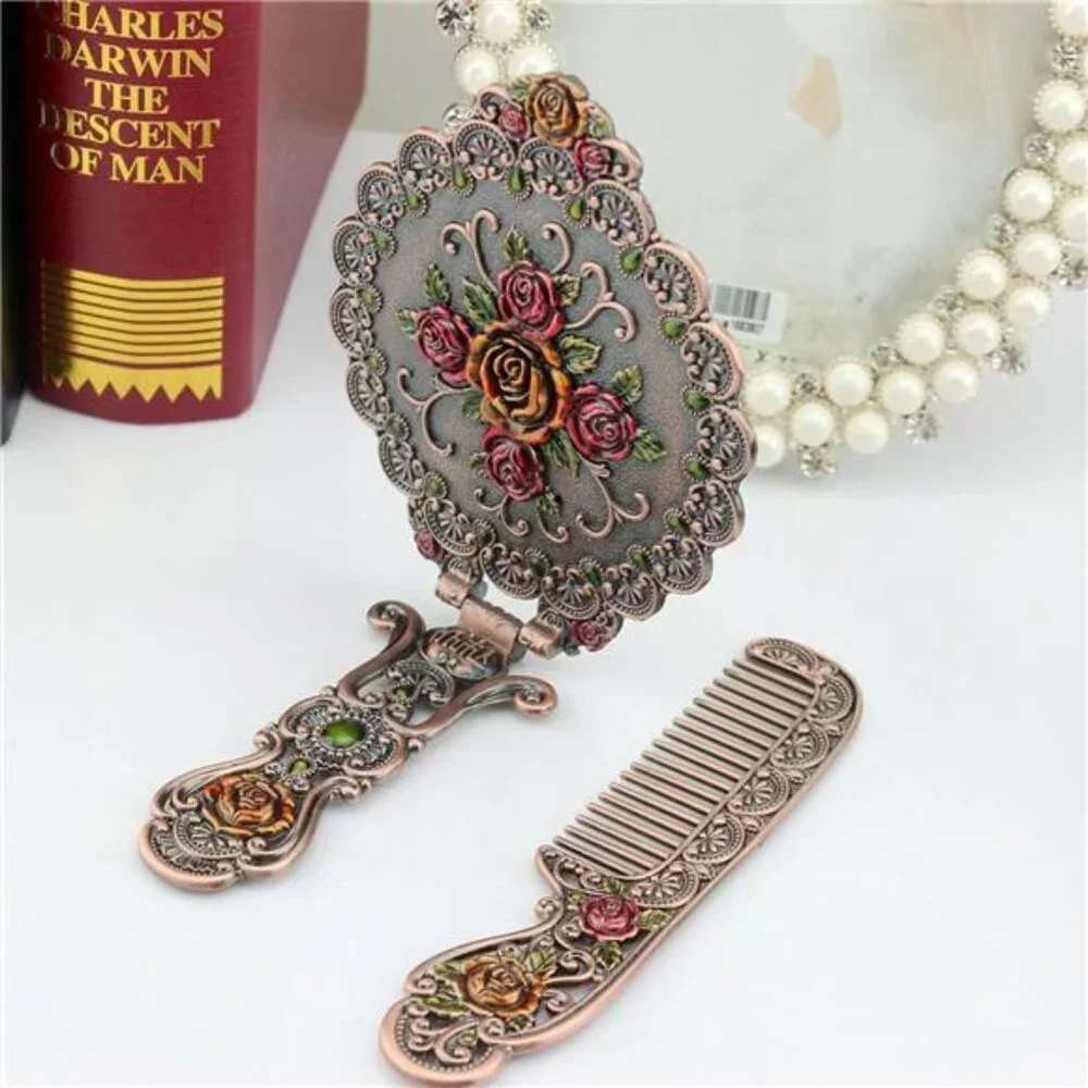 Vintage Metal Antique Rose Style Handheld Makeup Mirror Set - Folding Round